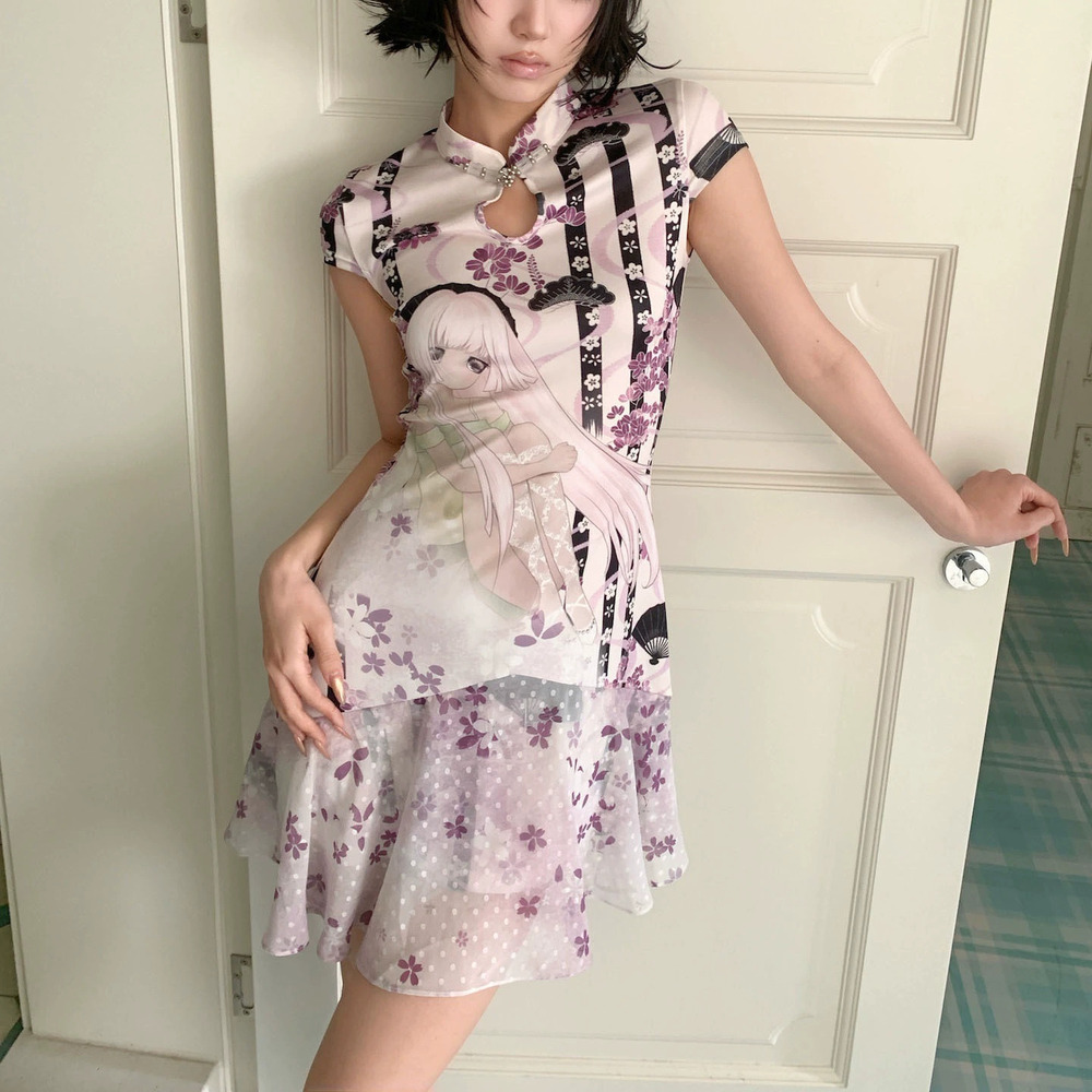 Zara Anime Print Floral Modern Qipao Stand Collar Frog Buttons Sleeveless Slim